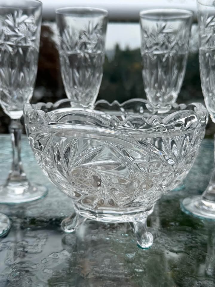 Vintage Bohemian Cut Crystal 7-Piece Serving Bowl & Matching Stemmed Glasses Set - photo 7