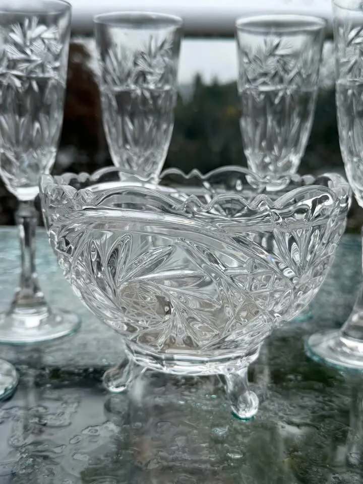 Vintage Bohemian Cut Crystal 7-Piece Serving Bowl & Matching Stemmed Glasses Set - photo 7