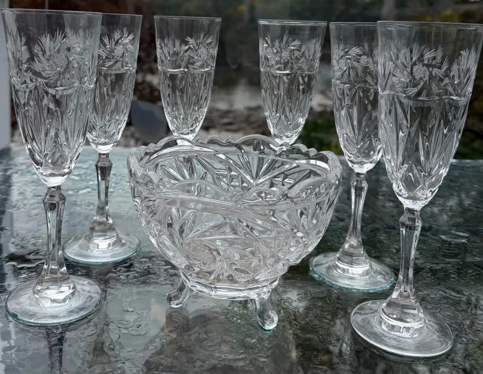 Vintage Bohemian Cut Crystal 7-Piece Serving Bowl & Matching Stemmed Glasses Set - photo 8
