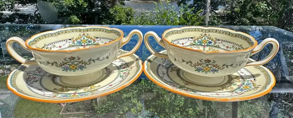Mint Condition Rare Vintage Royal Doulton "The Lorraine" Double-Handled Soup Bowl & Saucer Set - photo 1