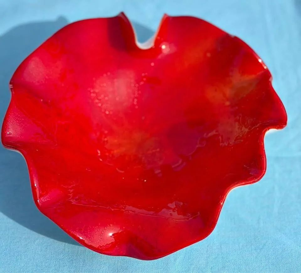 Vintage Mid-Century Murano Art Glass Ruffled Dish - Red & Gold Aventurine - photo 1