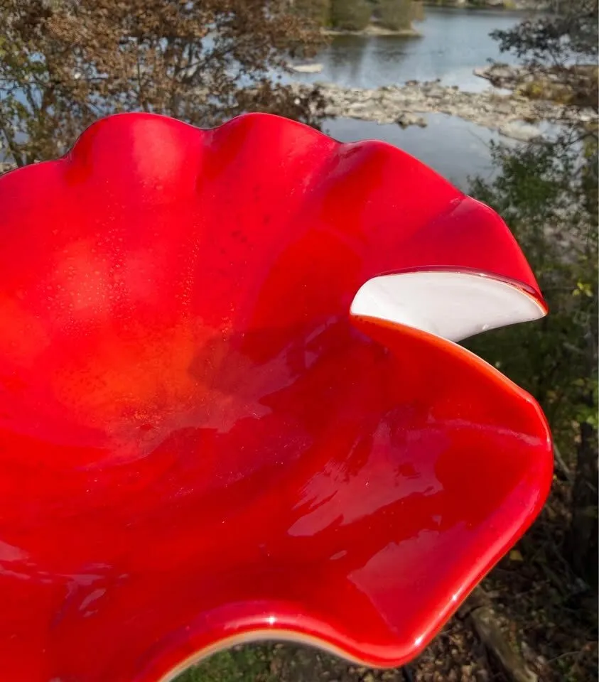 Vintage Mid-Century Murano Art Glass Ruffled Dish - Red & Gold Aventurine - photo 10